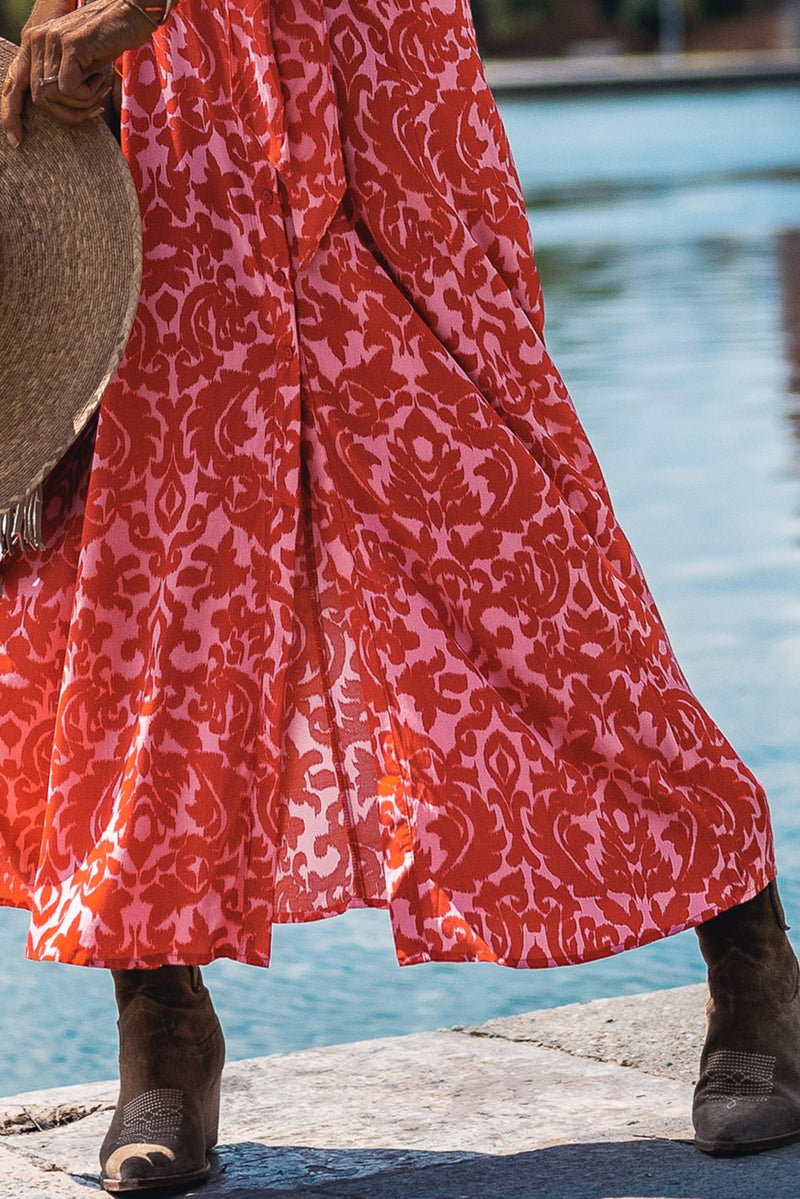 Tomato Red Printed 3/4 Sleeve V Neck Shirt Long Dress with Belt