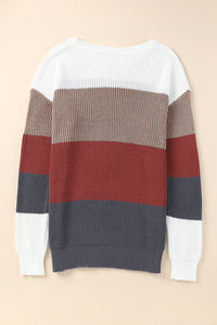 Chestnut Color Block Knitted O-neck Pullover Sweater