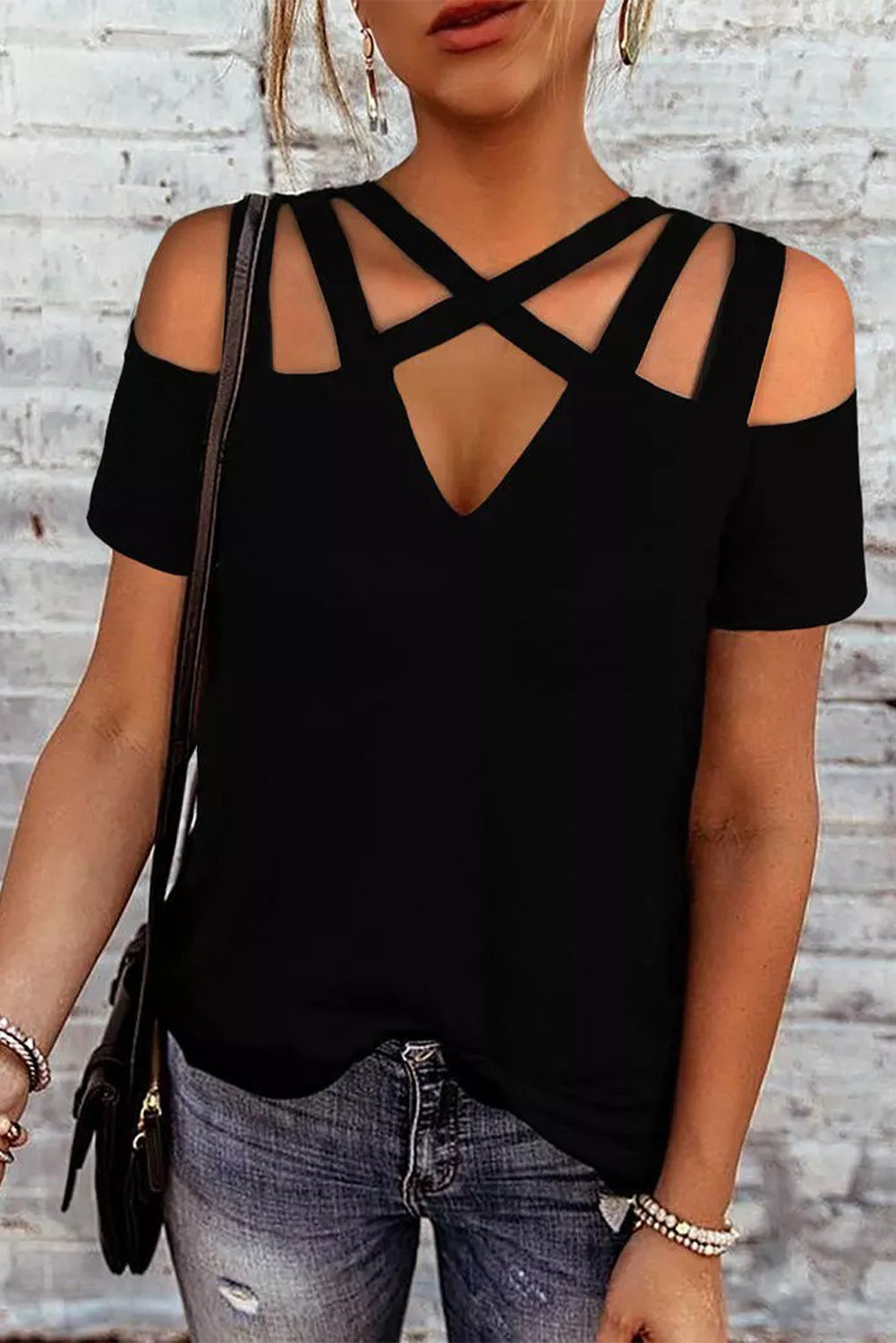 Blank Apparel - Black Criss-Cross Cut Out Short Sleeve Top