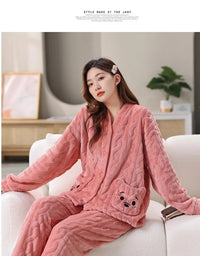 Thickened Warm Coral Velvet Pajamas Women's Autumn and Winter Padded Cartoon Bear Striped Flannel School Pajamas Winter Homewear