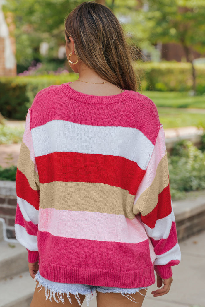 Fiery Red Mix Horizon Stripes Dolman Sleeve Sweater