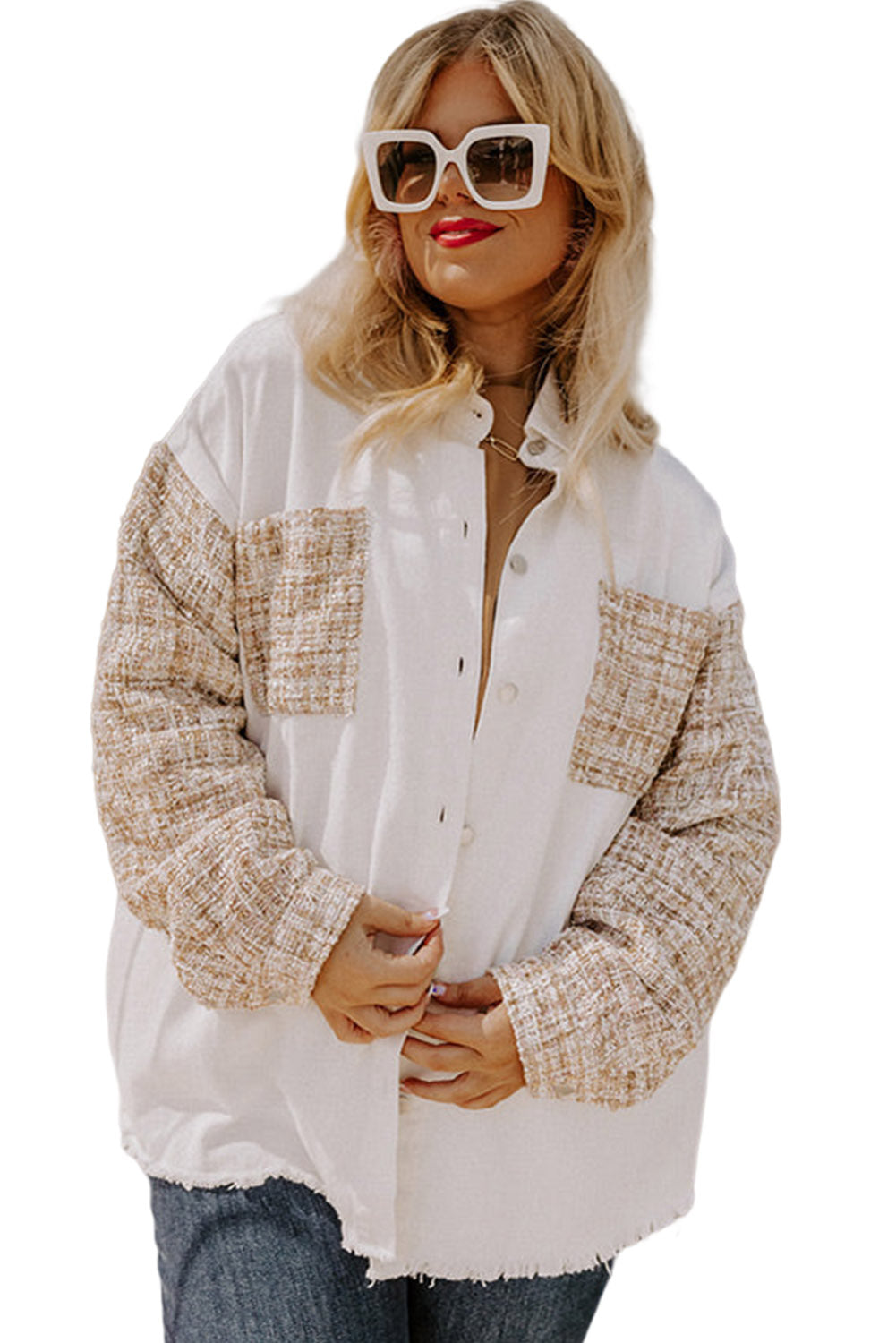 White Plus Size Tweed Patchwork Raw Hem Jacket