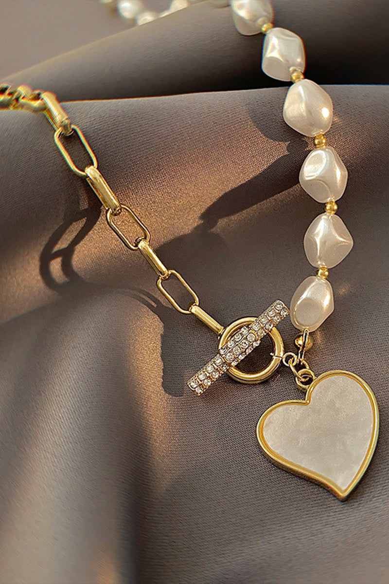 Gold Heart Shape Pendant Rhinestone Decor Pearl Chain Necklace