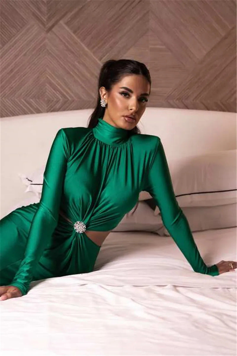 Mozision Elegant Hollow Out Sexy Maxi Dress For Women Autumn Winter New Turtleneck Long Sleeve Bodycon Club Party Evening Dress