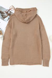 Khaki V Neck Ribbed Drop Shoulder Hooded Sweater