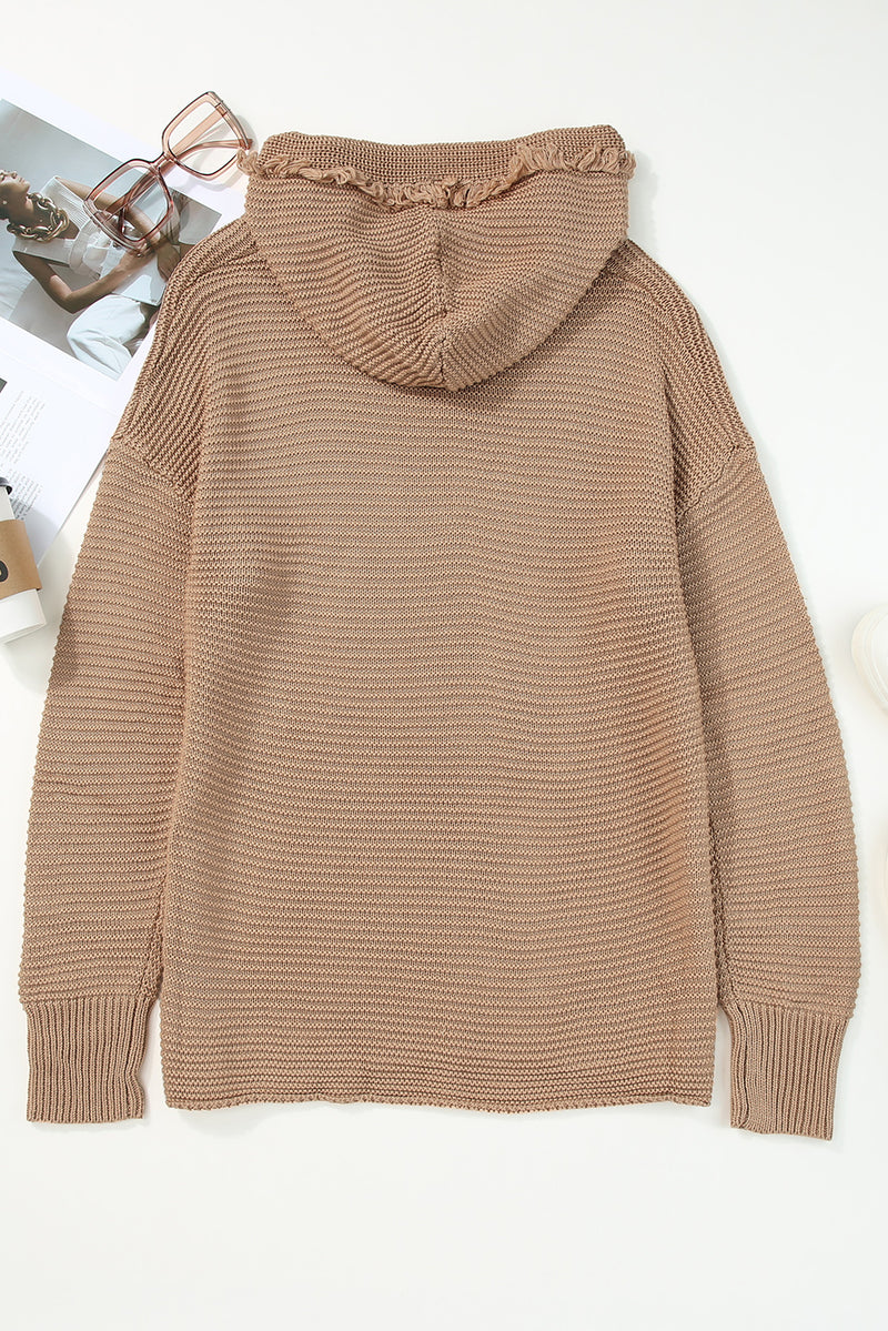 Khaki V Neck Ribbed Drop Shoulder Hooded Sweater