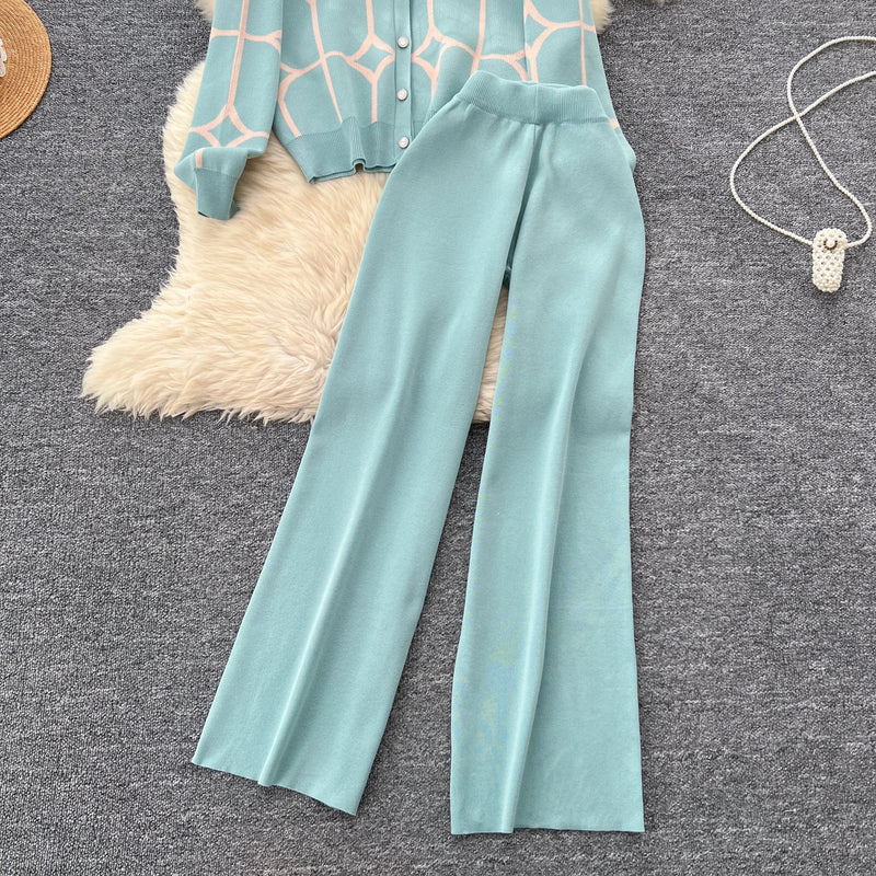 SINGREINY Basics Print Knit Two Pieces Sets Autumn Winter Single Breasted Cardigan+Wide Leg Long Pants Fashion Streetwear Suits