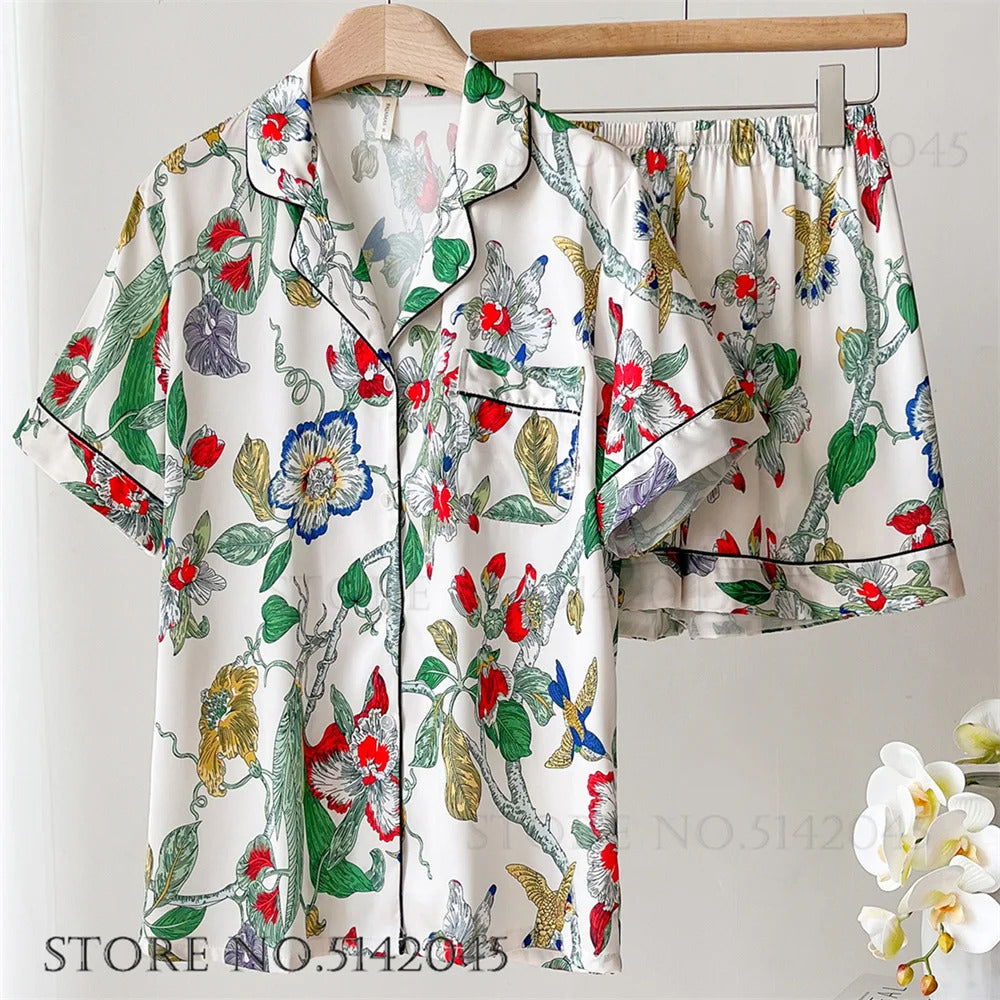 Fashion Print Flower 2PCS Pajamas Set Women Sleepwear Spring Summer Trouser Suits Lounge Wear Loose Satin Homewear Pijamas Suit