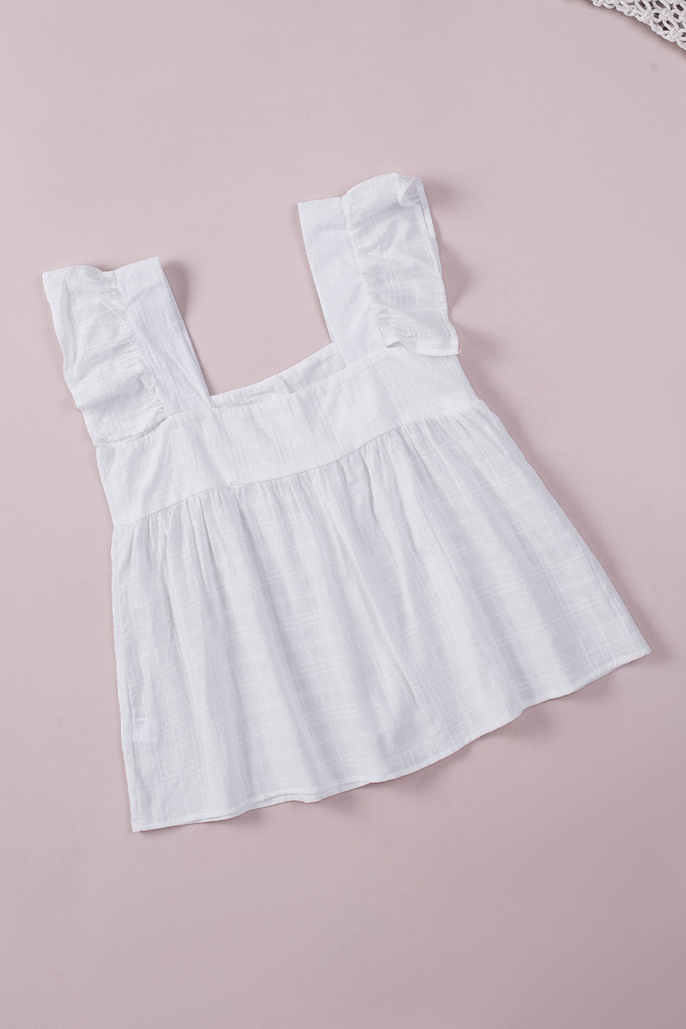 White Puckered Texturing Ruffled Cap Sleeves Babydoll Top