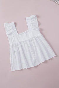 White Puckered Texturing Ruffled Cap Sleeves Babydoll Top