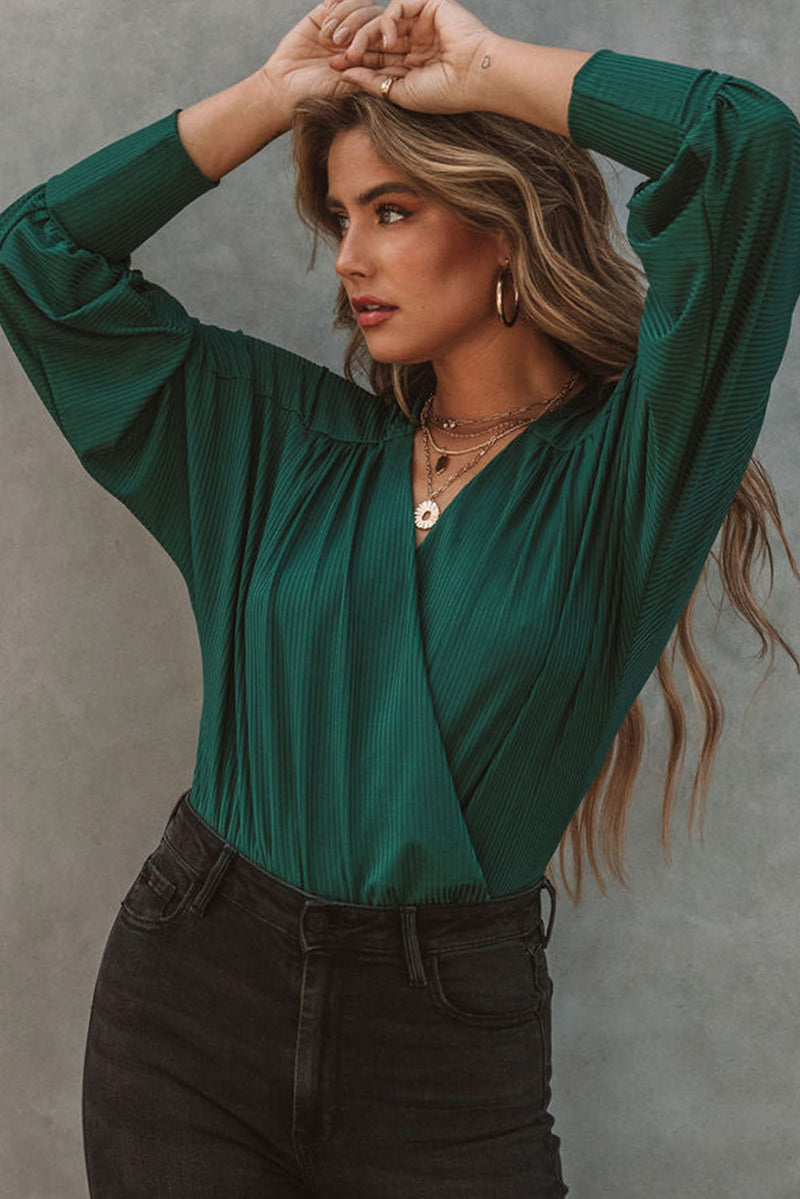 Green Ribbed Texture Drape Front V Neck Bodysuit