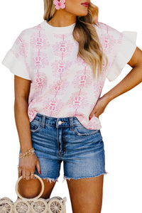 White Floral Printed Ruffled Short Sleeve Sweater