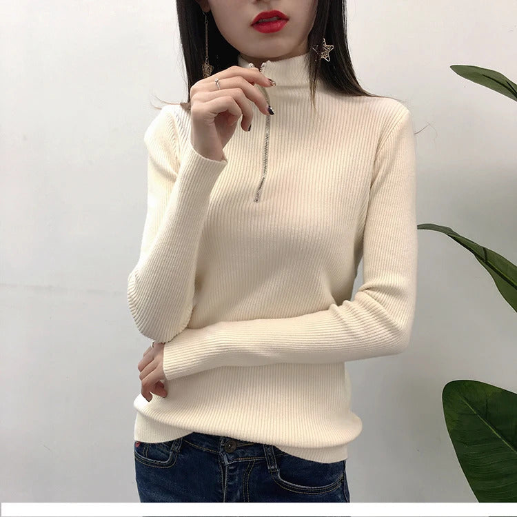 Knitted Women Zipper Half High Neck Sweater Pullovers Autumn Winter Basic Women Sweaters Slim Solid Knitwear Pull Femme Tops