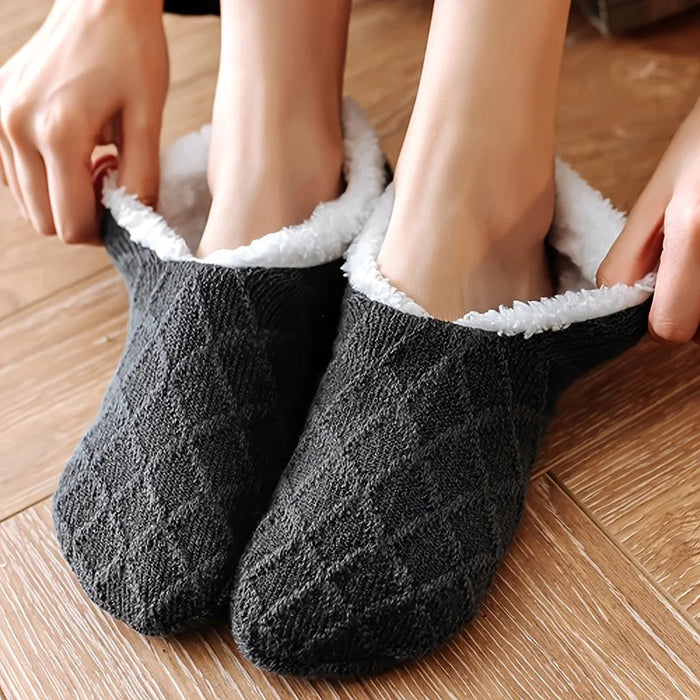 6/5/4/3/2/1Women's Warm Solid Color Floor Socks Non Slip Plush Knitted Coral Fleece Socks No Show Socks