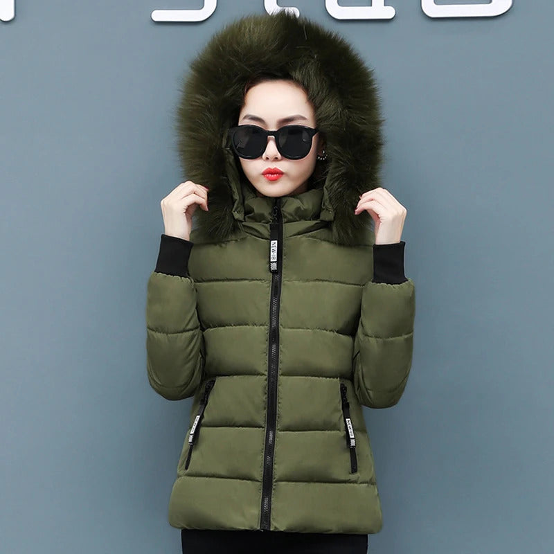 Zipper Fur Hooded Short Down Cotton Jacket Thickened Coat Fall Winter Casual Elegant Long Sleeve Warm Pockets Women Clothing New