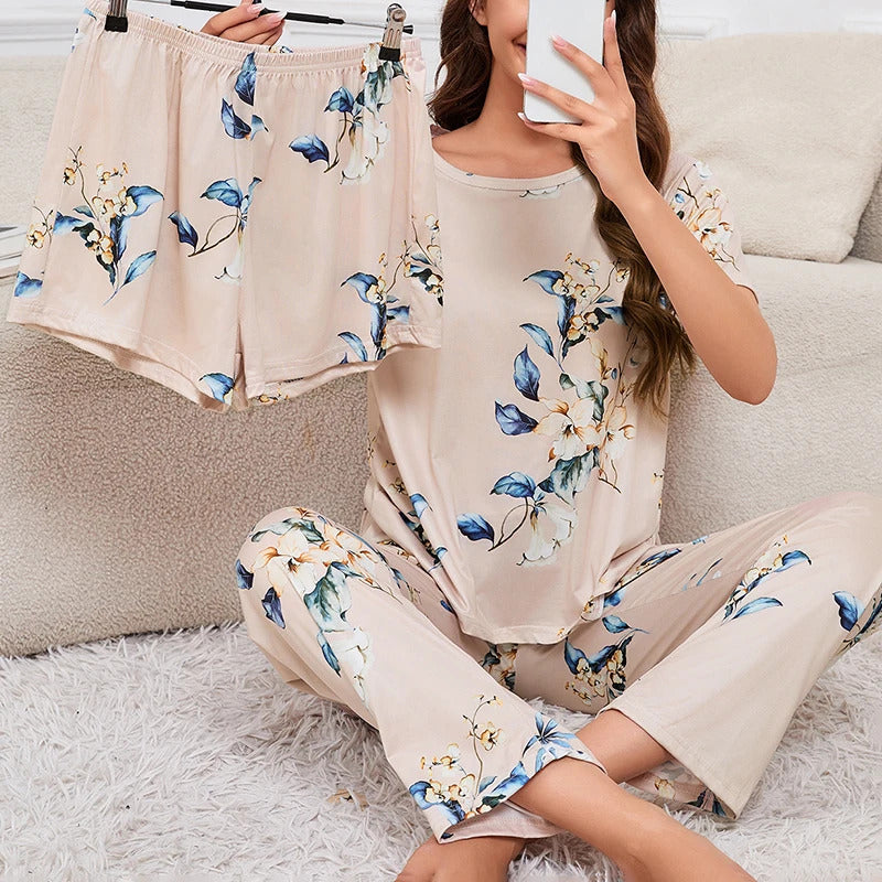 Women's Short Sleeve Crew Neck Top With Shorts And Pants 3 Piece Loungewear Sleepwear Lounge Sets Nighty Print Casual Pajama Set