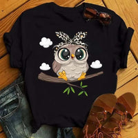 Cartoon Owl Print T Shirt Women Kawaii Graphic Shirts Casual Short Sleeved Black Female Tee O-neck Harajuku T-shirts