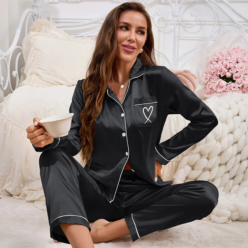 Autumn Satin Pajama for Women Heart-shaped Embroidery Sleepwear & Loungewear Long Sleeve Top & Pants Home Clothes Pyjama 2 Piece