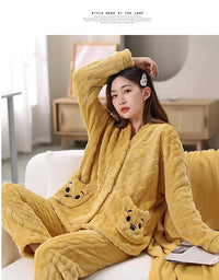 Thickened Warm Coral Velvet Pajamas Women's Autumn and Winter Padded Cartoon Bear Striped Flannel School Pajamas Winter Homewear