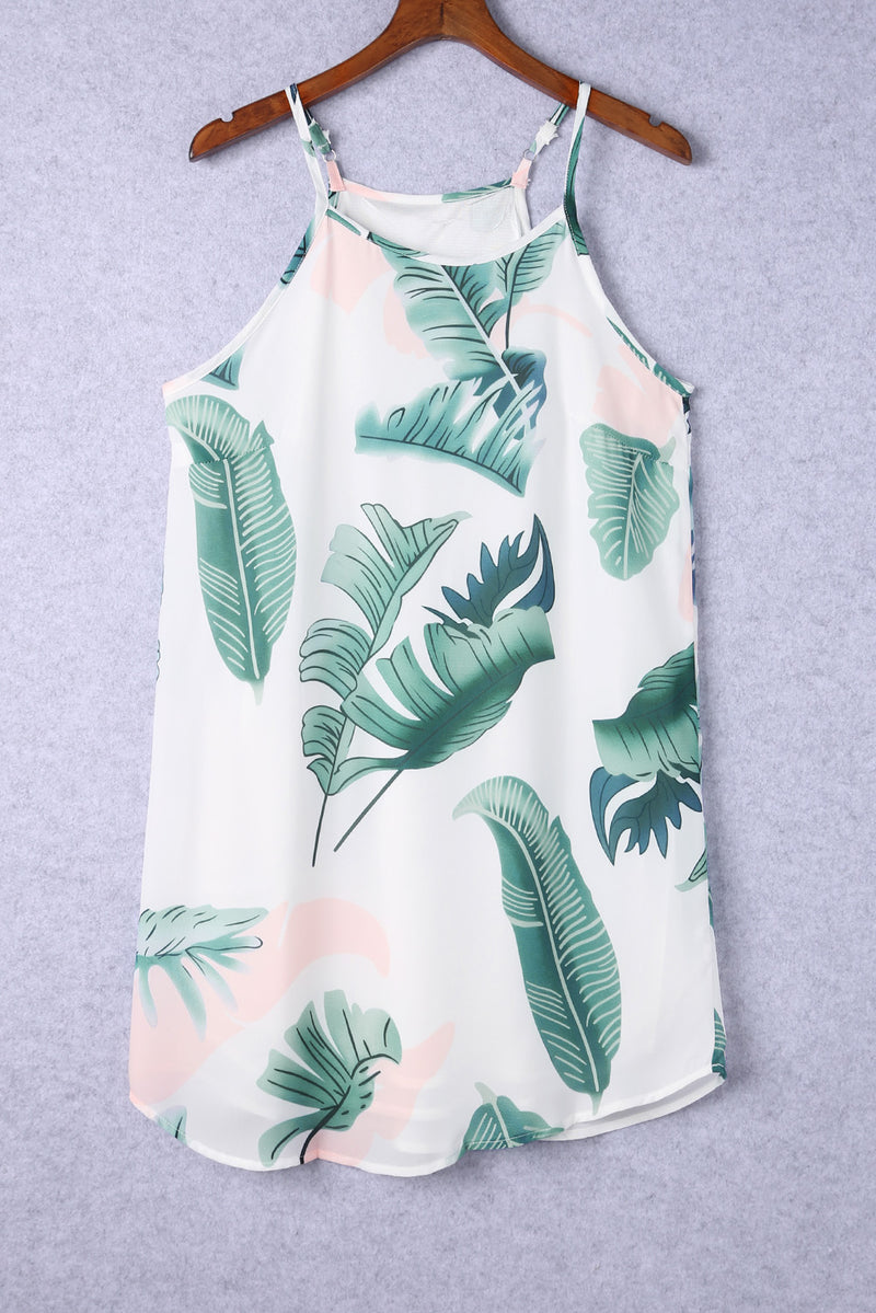 White Palm Tree Leaf Print Ivory Sleeveless Dress