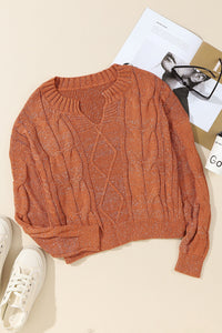 Brown Loose Fit Knit V Neck Cropped Sweater