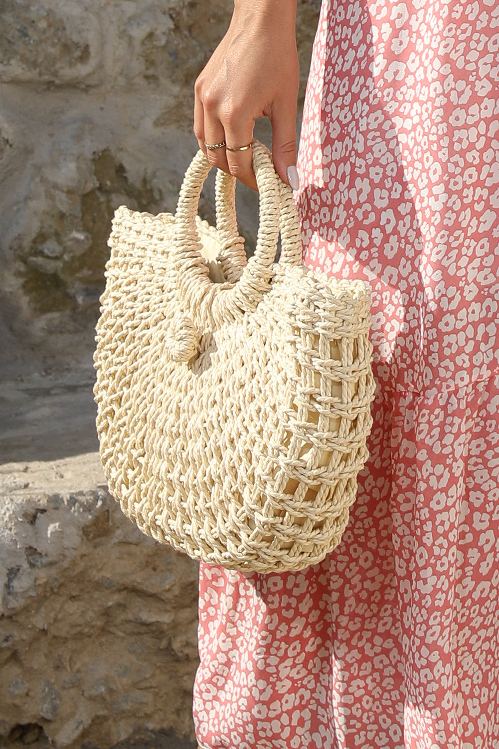 Beige Bamboo Weaving Semicircle Tote Handbag