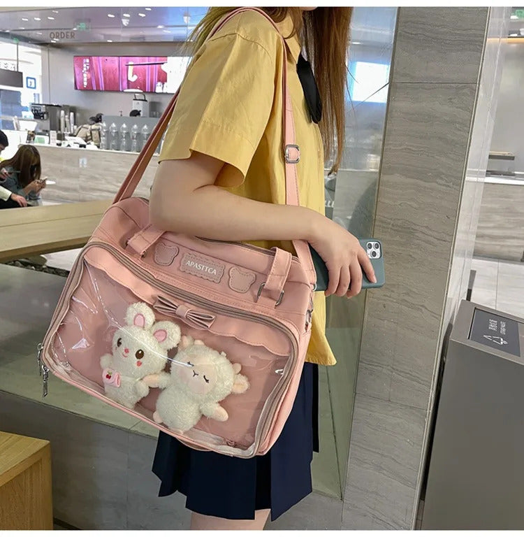 Japanese Cute Transparent Canvas Itabag Fashion Girls One Shoulder Bag Student Personality Crossbody Bag with Badge Doll Ita Bag