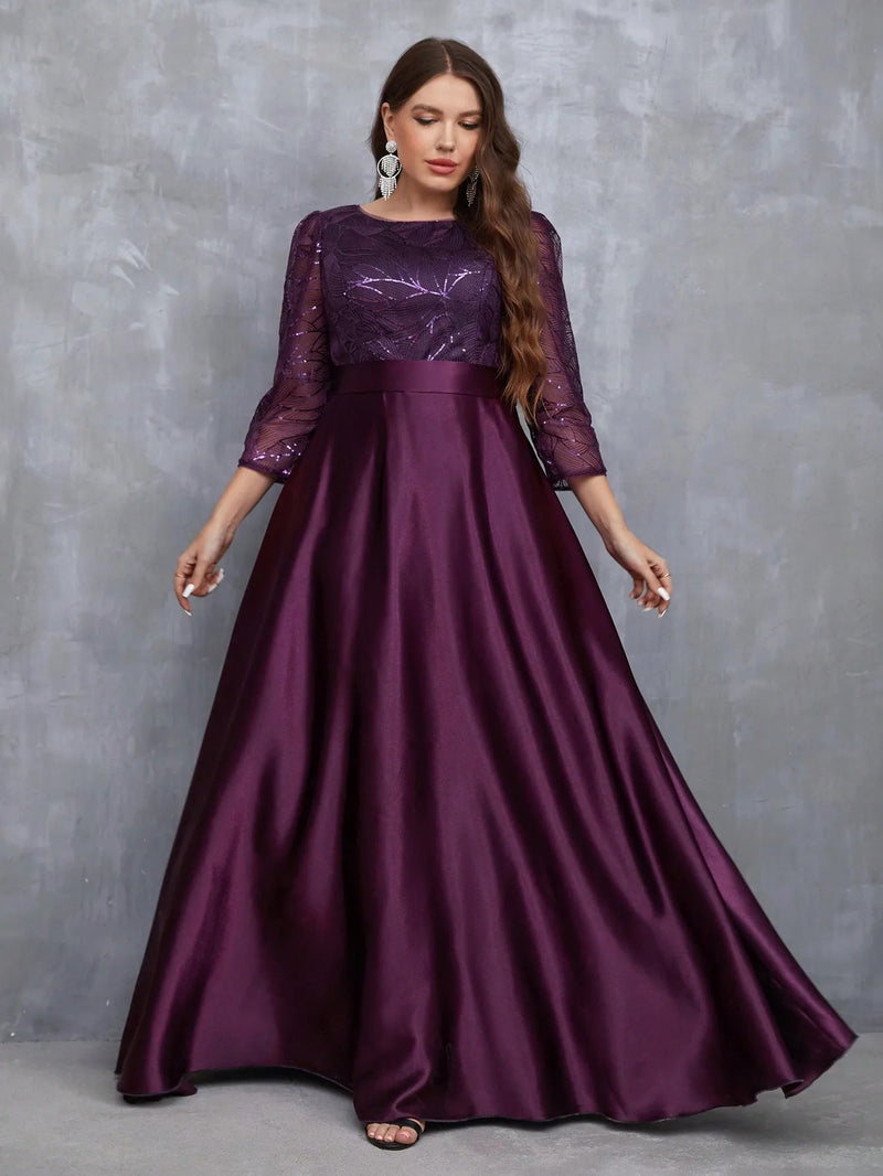 Mgiacy Crew neck long sleeve sequin patchwork satin long gown ball dress Party dress Bridesmaid dress