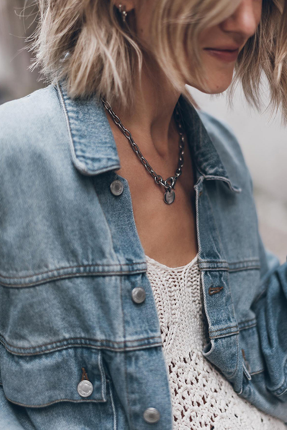 Black Metal Buttons Flap Pocket Drop Shoulder Denim Jacket