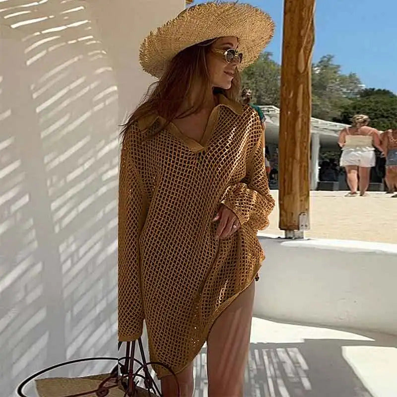 Solid Colour Beach Knit Mini Dress Women's Summer Sexy Hollow Out Long Sleeve Swimsuit Cover Up Boho Holiday Loose Beachwear K17