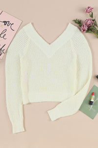 White Cropped V Neck Fuzzy Sweater