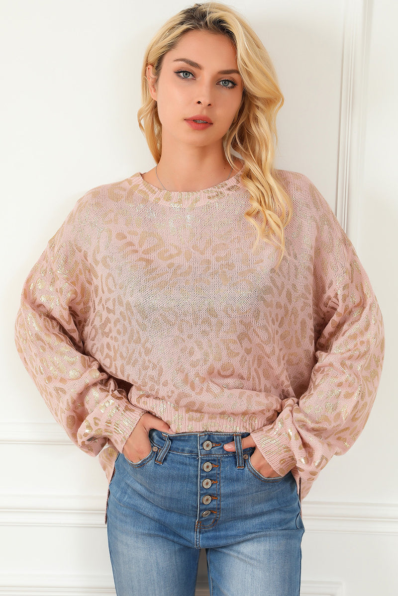 Apricot Glitter Leopard Print Puff Sleeve Sweater