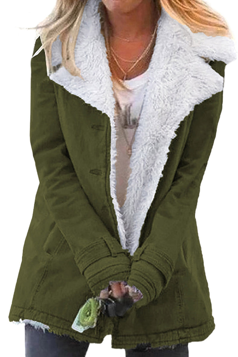 Green Gray Lapel Collar Button Fleece Jacket