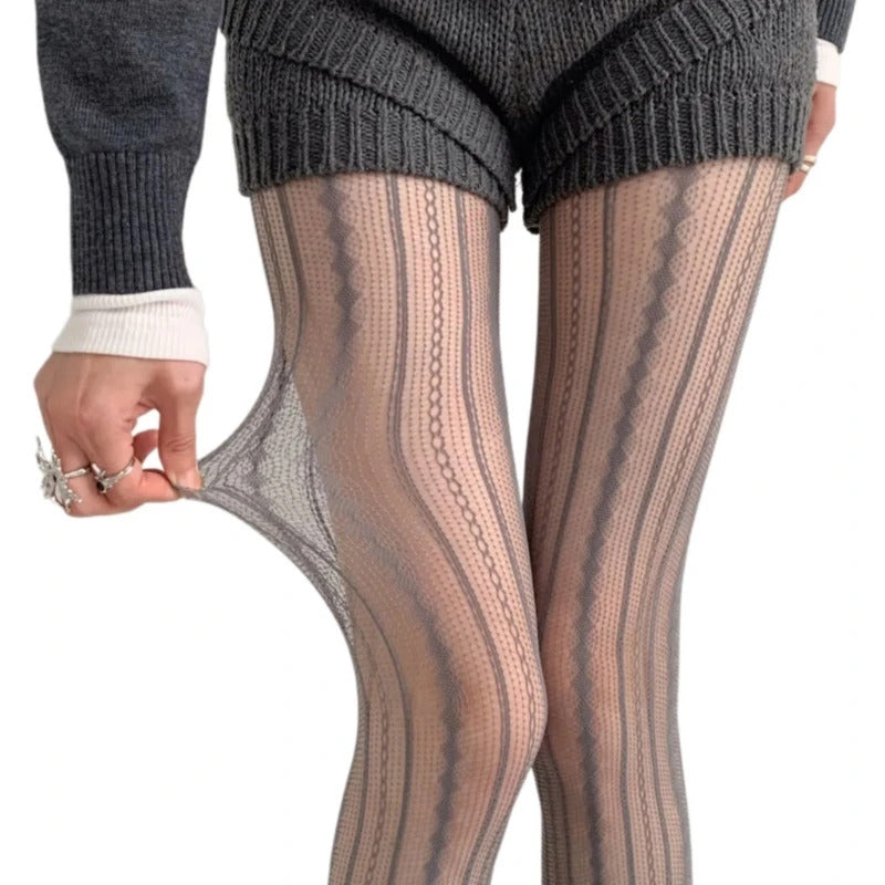 Hollowed Out Lace Tights Geometric Striped Patterned Fishnet Pantyhose for Women