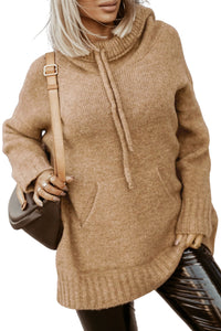 Brown Cowl Neck Drawstring Pullover Hooded Sweater