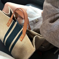 Simple Canvas Stripe Decor Bucket Handbags Women Top Handle Tote Bag Large Capacity Casual Shoulder Crossbody Bags