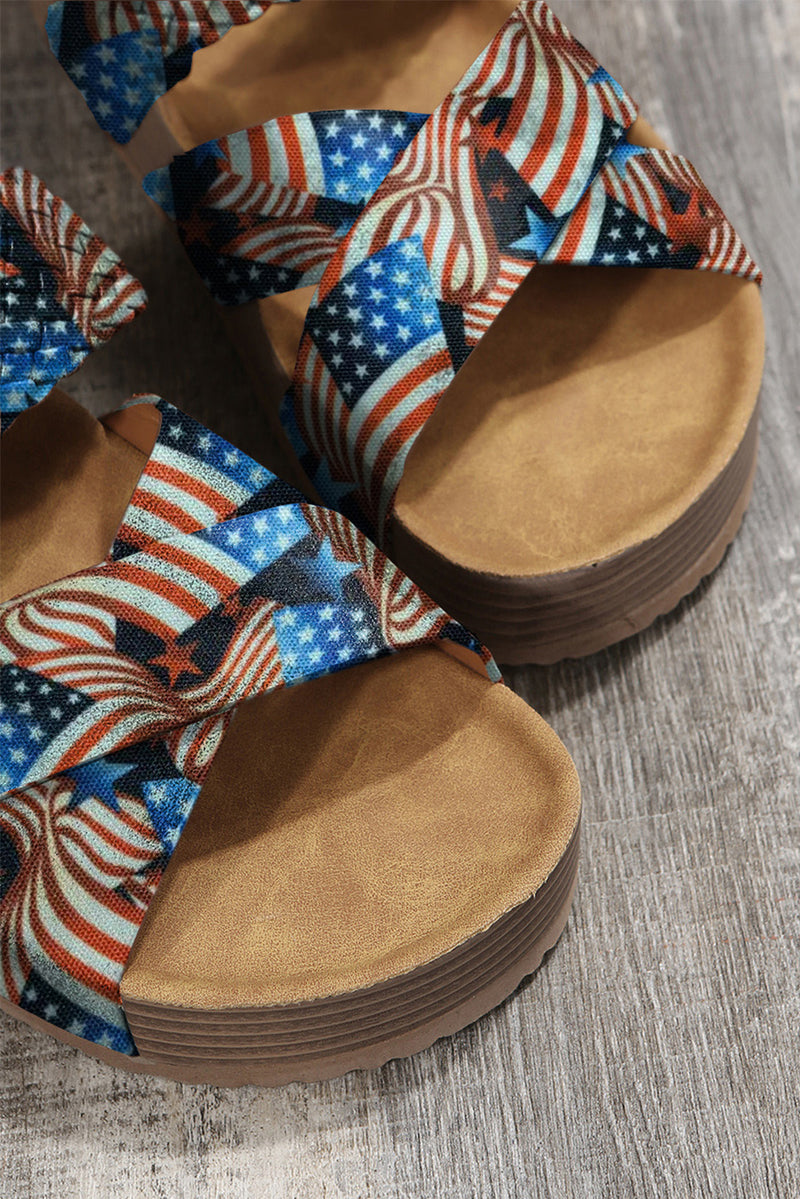 Real Teal American Flag Print Suede Cross Straps Slippers