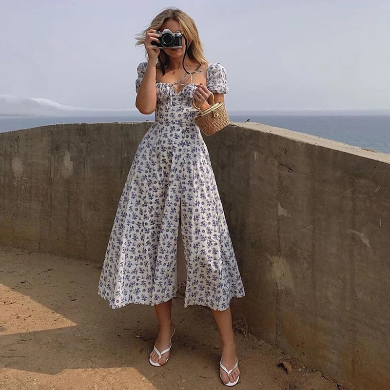 Dress Summer Fashion White Elegant Ladies Backless Clothes Puff Sleeve Floral Print Slit Long Dresses For Women New Arrival 2023