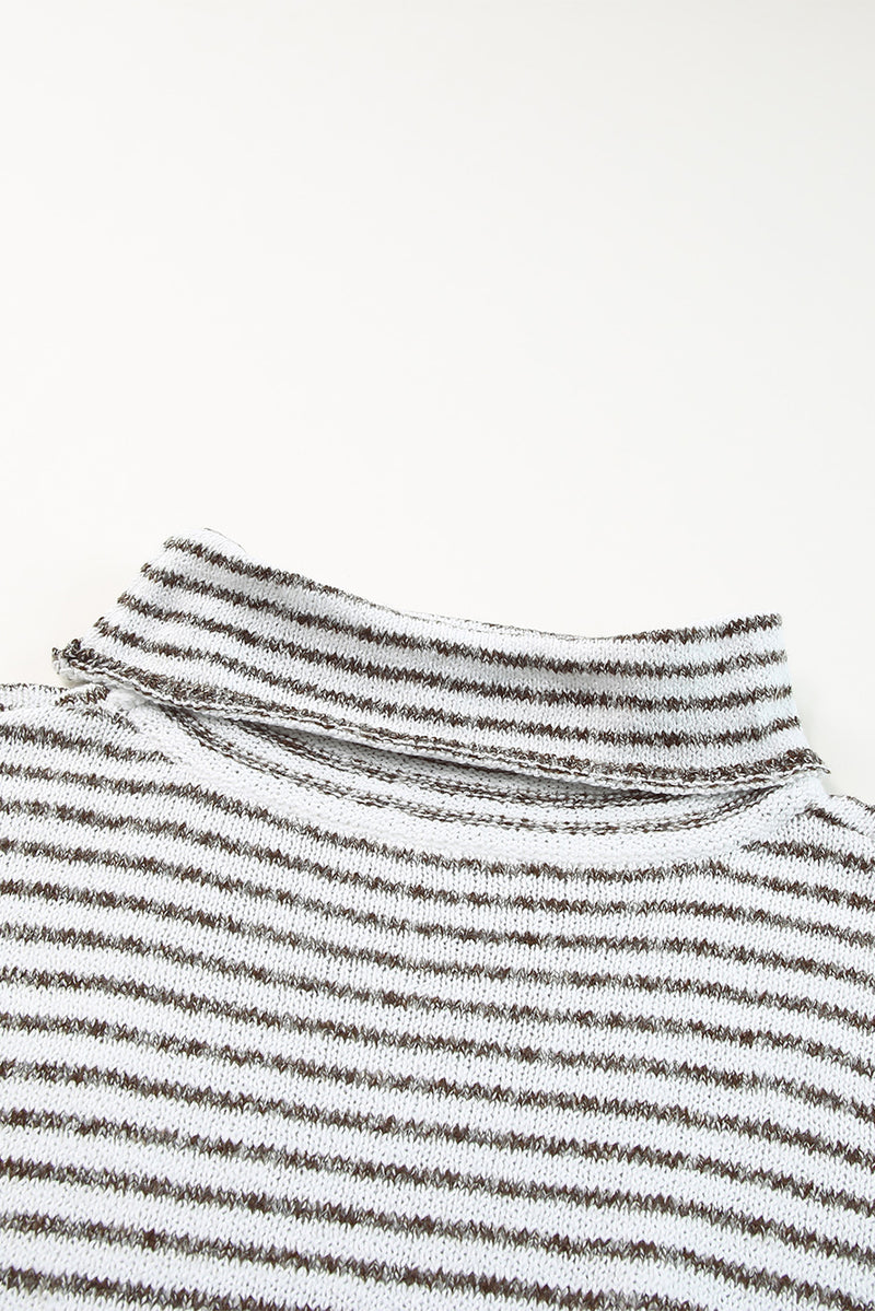 Khaki Striped Turtleneck Loose Sweater