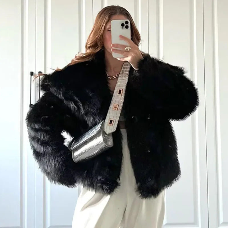 Short Faux Fur Coat Women Lapel Autumn Winter Pockets Thick Cool Overcoat Female Buttons Casual Outerwears Stylish High Street