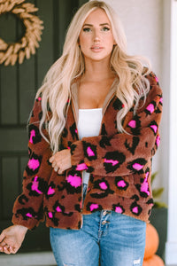 Leopard Zip Up Stand Collar Sherpa Teddy Jacket