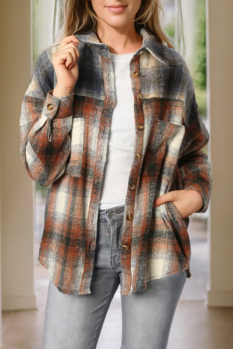 Brown Retro Plaid Button up Long Sleeve Shacket with Pockets