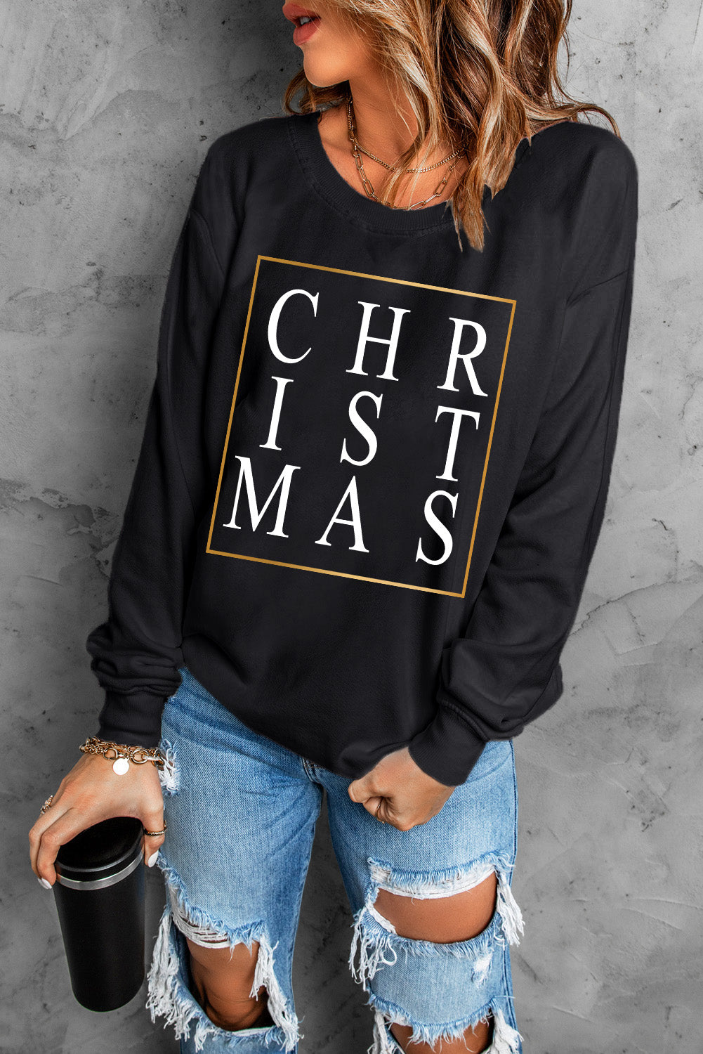 Black CHRISTMAS Glitter Print Crew Neck Sweatshirt