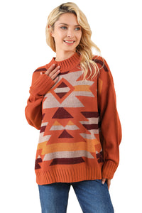 Brown Aztec Knitted High Neck Drop Shoulder Sweater