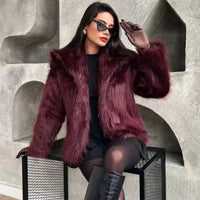 HXAO Women's Fur Coat Women 2024 Plush Burgundy Bomber Jacket Solid Crop Long Sleeve Jacket Warm Winter Coats Woman Casual Coats