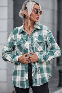 Green Plaid Pattern Flap Pockets Shirt