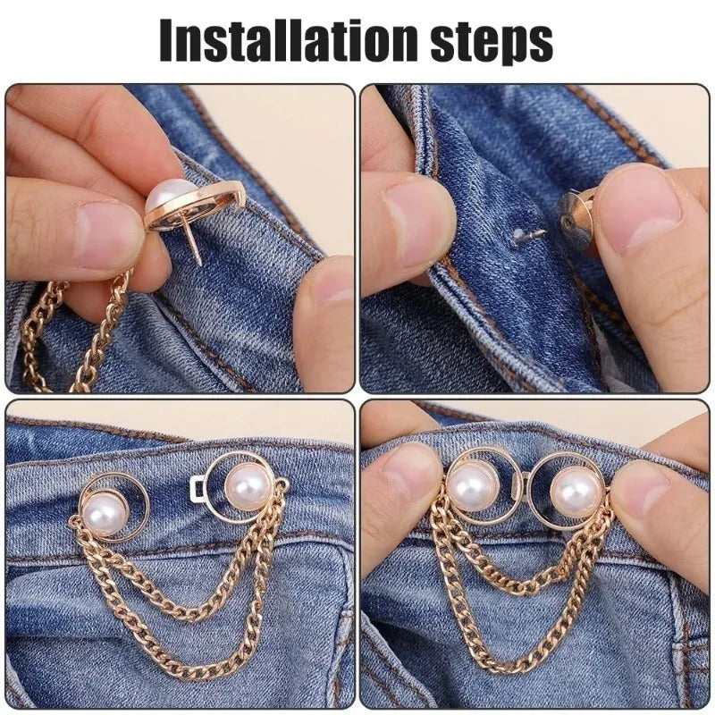 New Pearl Chain Waist Tighten Buckle Nail-free Metal Jeans Skirts Pants Clips Buttons Pins DIY Waist Tightener Clothing Buckles