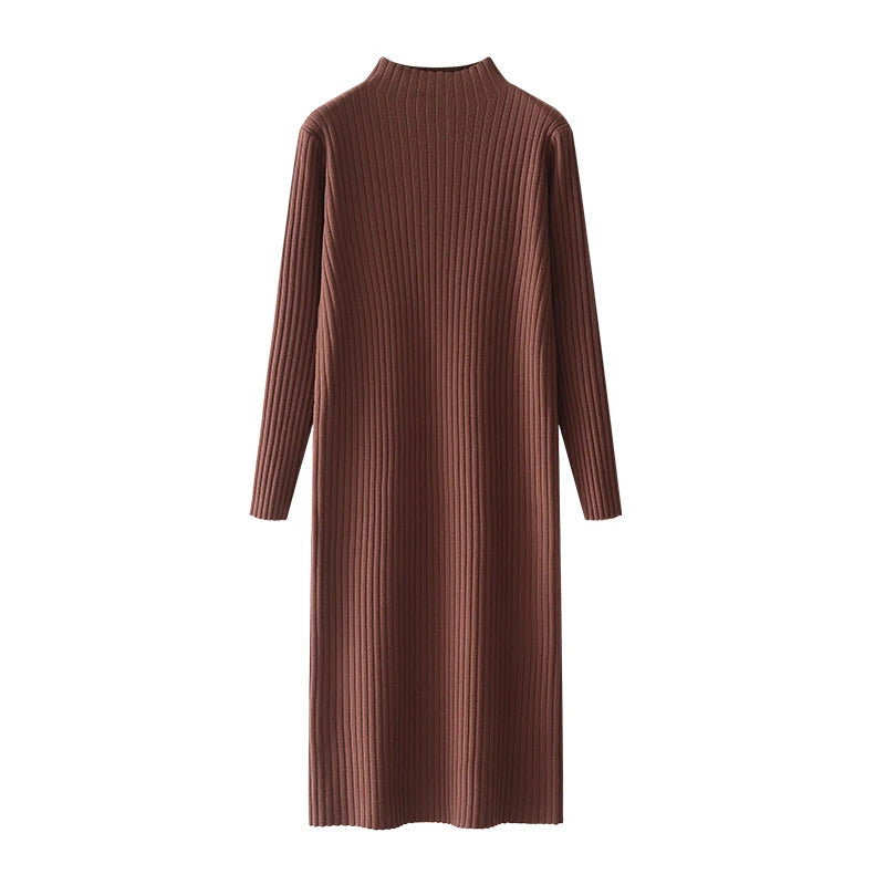 ABRINI Women Fall Versatile Mock Neck Knit Dress New Winter Inner Layer Long Sleeved Dress Casual Loose Mid-Length Sweater Dress