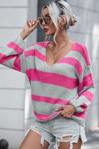 Green Striped Colorblock Knit V Neck Loose Fit Sweater