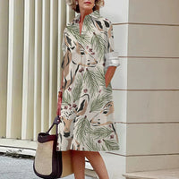 Floral Pattern Shirt Dress Elegant Women's Summer Casual Lapel Long Sleeve Midi Dress High Temperament Fashion Street Shirt